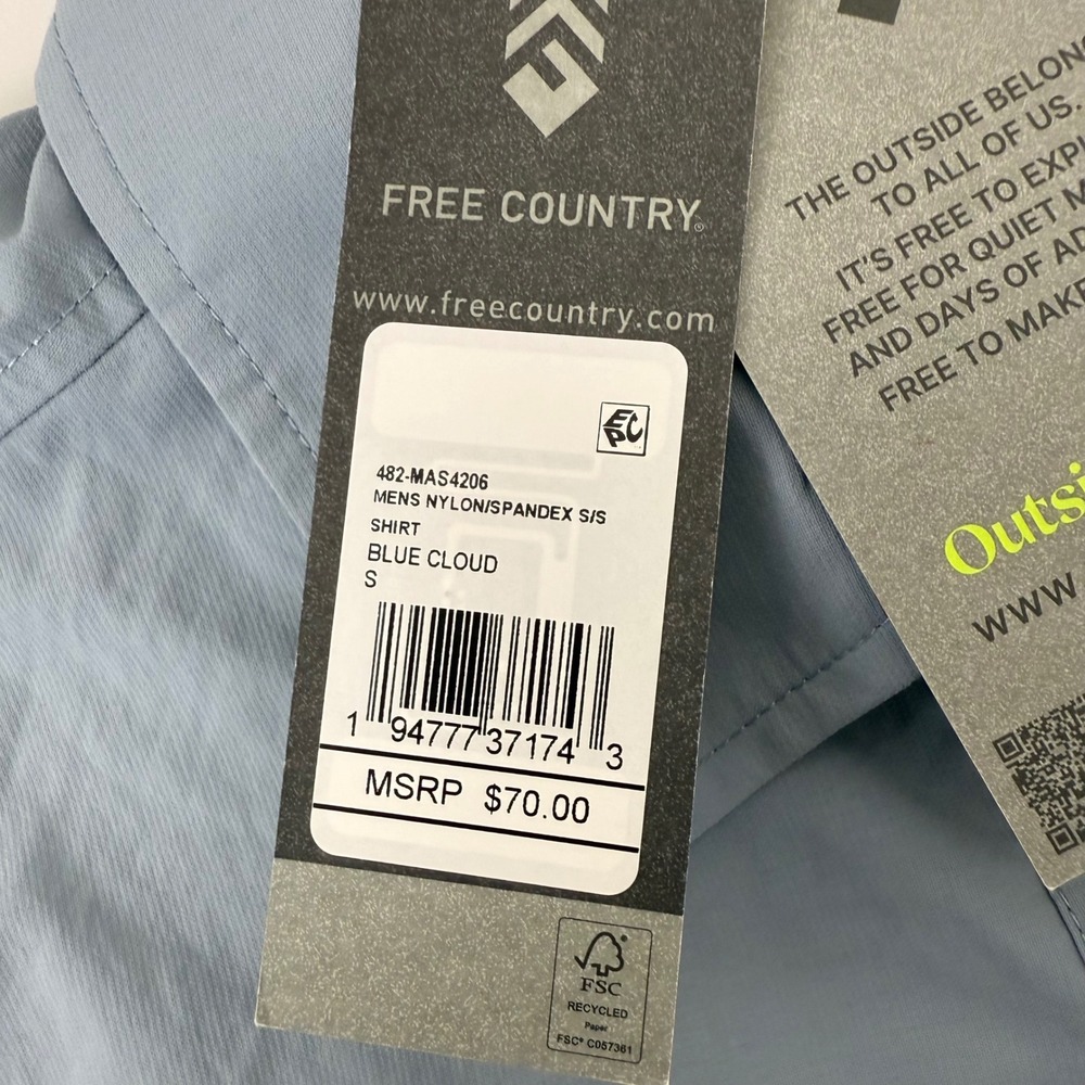NWT Free Country Mens Acadia Short Sleeve Shirt Size S Blue Cloud Quick Dry - Picture 3 of 9